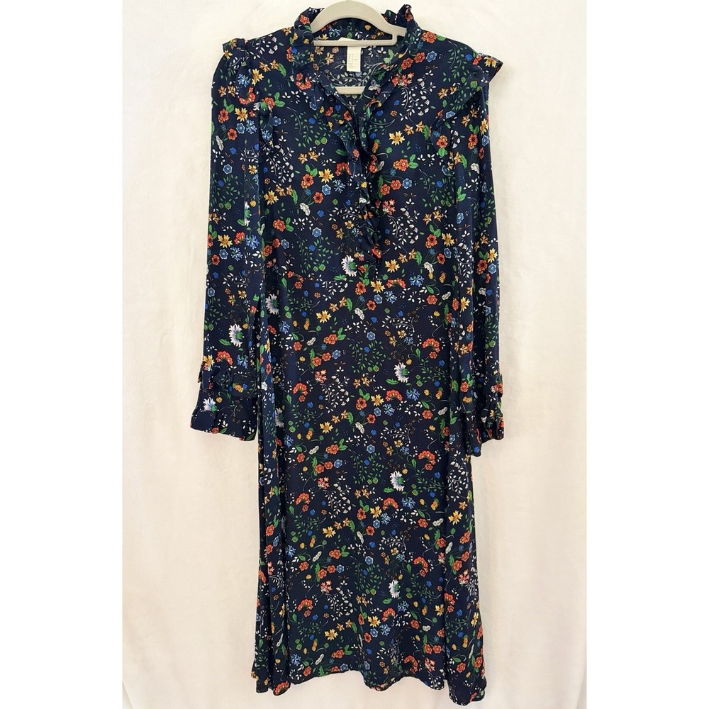 H&M‎ 4 Navy Multicolor Floral Ruffle Trims Midi Dress Cottagecore Western L/S